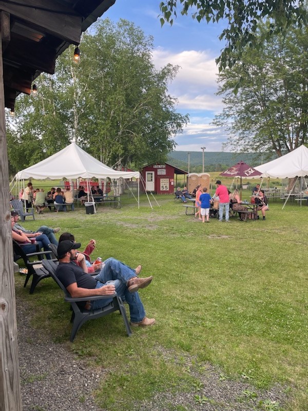 Guests relaxing on the lawn with white tents behind them